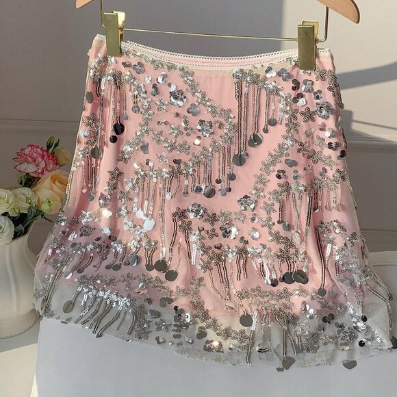 Pink Sexy Women's Sequin Mini Party Skirt